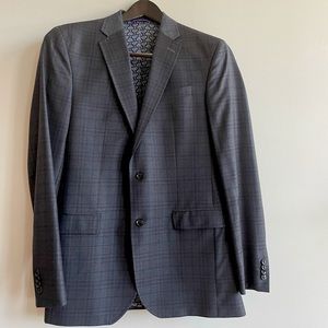Ted Baker suit jacket. Size 40 Long. Charcoal with subtle navy, burgundy plaid.